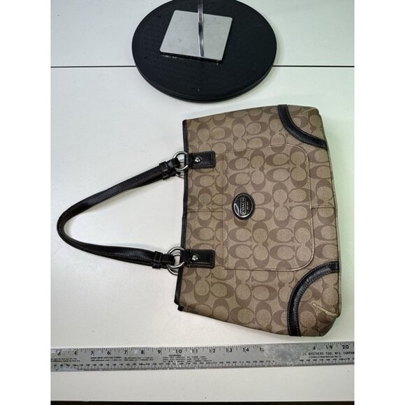 Coach Brown Peyton Signature Logo Heritage Handbag Leather Tote EUC - Picture 4 of 11